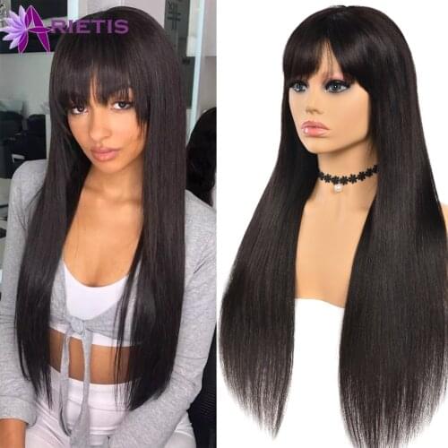 AR Straight Human Hair Wigs With Bang 10-16 Inch Pre Plucked Brazilian Remy Human Hair Bob Wig With Bangs Pixie Cut Wigs