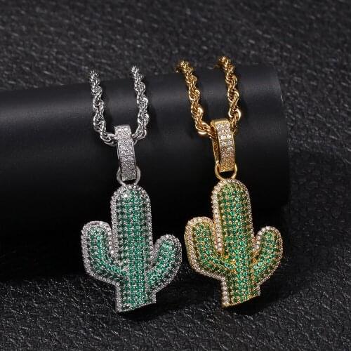 Bling Iced Out Cactus Shape Pendant With Rope Chain AAA Cubic Zircon Mens Women Hip Hop Jewelry Street Culture