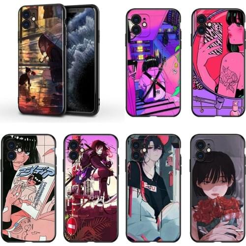 Anime Neon Color Art Girl For Apple iPhone 13 12 11 Mini XS XR X Pro MAX SE 2020 8 7 6 5 5S Plus Black Silicone Phone Case