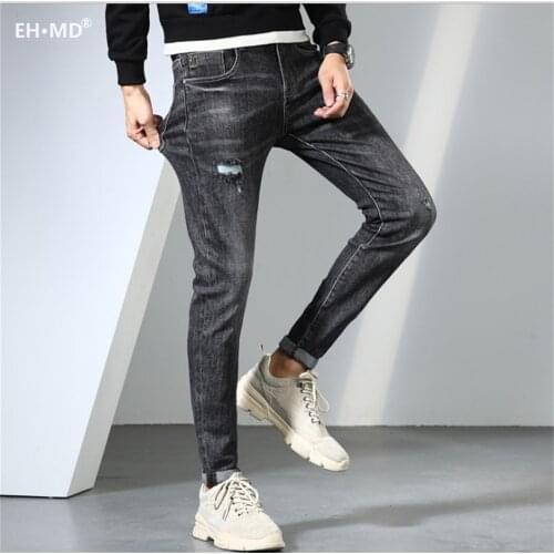 EH·MD® Embroidered Jeans Mens Stretch Word Art Decoration Youth Soft Casual Cotton Slim Pencil Pants Badge Pocket High Street