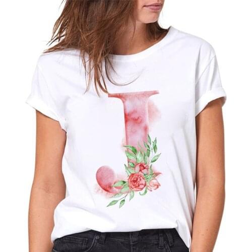T-shirt Women Fashion Flowers J Print 26 Alphabet Ladies Tshirts Harajuku Casual White Female Tee Top Casual Summer tshirt femme