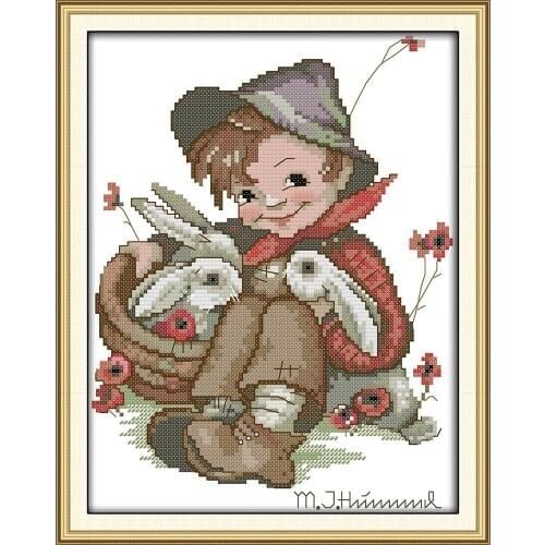 Joy sunday flower style The boy and the little rabbit the kids Christmas gift free counted cross stitch patterns for beginners