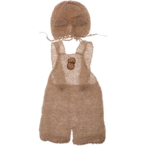 Newborn Baby Infant Photography Props Boy Girl Outfits Cute Bear Hat and Overalls Set Soft Mohair Bebe Photo Clothes Jumsuit