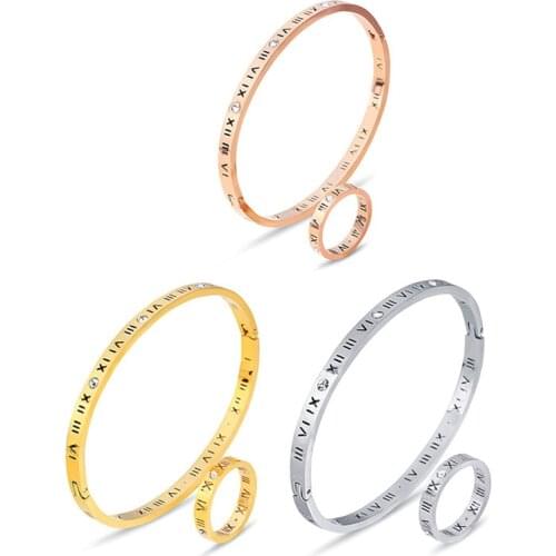 Fashion Jewelry Sets Elegant Temperament Of Hollow Out Lucky Roman Numerals Rose Gold Plating Titanium Steel Ring Bracelet Set