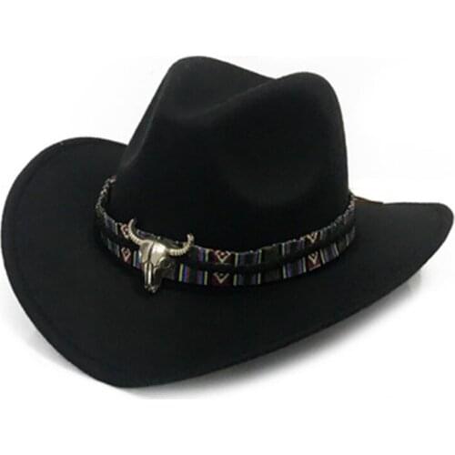 Cow head western cowboy hat woolen jazz top hat men women national wind autumn winter felt hat big brim hat outdoor riding hat