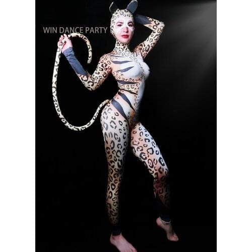 Sexy Lady Leopard Stage Performance Costume Halloween Cat Tail Cosplay Clothes Party Event Dance Suit
