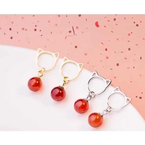 Cat Strawberry Pink Crystal Drop Earrings For Women Simple Korean Personality Vintage Fashion Lady Party Gifts Jewelry BOYULIGE