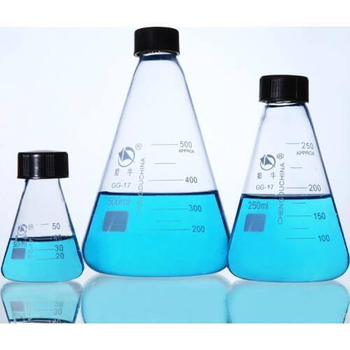 50ml 100ml 250ml 500ml 1000ml Lab Glassware Medical Pyrex Glass Conical Erlenmeyer Flask Sample Bottle with Screw Lid Stopper