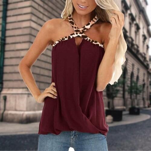 Leopard Print Stitching Tank Top For Women Summer Halter Sleeveless T-shirt Female V Neck Backless Camisole Fashion Streetwear