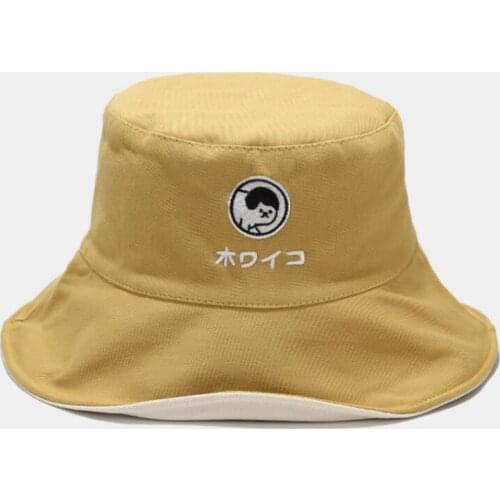 Embroidery Pattern Cute Japanese Girl Bucket Hat Simple Solid Color Travel Shade Fisherman Hat Fishing Cap