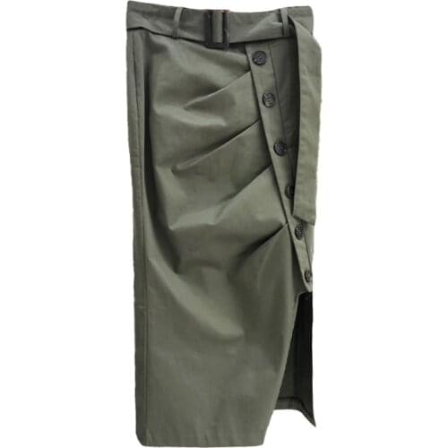 Korean Fashion Solid Button Slit Mid Length Skit Chic Folds High Waist Woman Skirts 2021 All-match Elegant Lace-Up Mujer Faldas