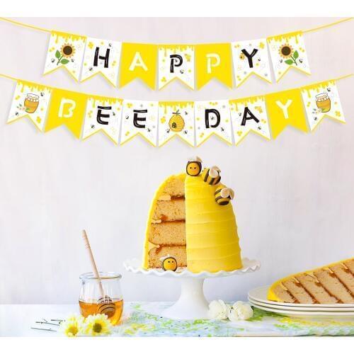 New Happy Birthday Banner Yellow Honey Bee Party Decorations Baby Shower Sunflower Wall Hanging Bunting Kids Parties Favors