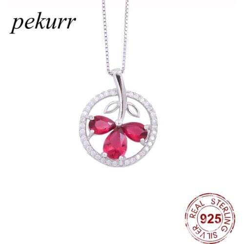 Pekurr 925 Sterling Silver Zircon Ruby Flower Round Necklace For Women Red Crystal Pendants Fashion Jewelry Gifts