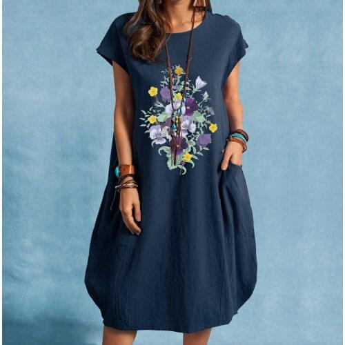 Fashion Print Midi Summer Dress Women Casual O-Neck Vest Dress Short Sleeve Loose Pocket Loose Short Dress Casual Daily Wear