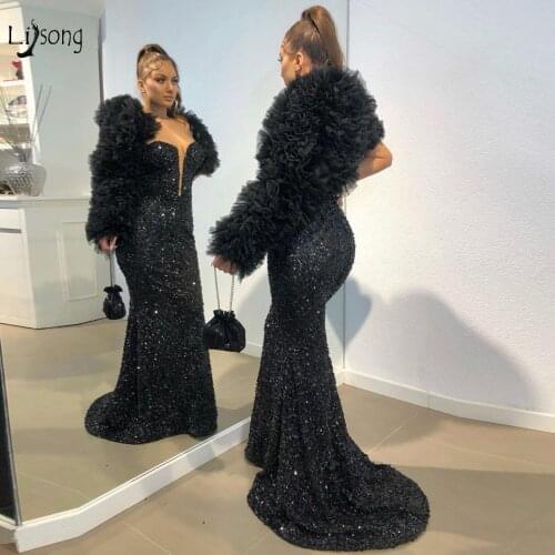 Sexy Black Sparkle Mermaid Evening Dresses 2020 With Tutu Jacket Luxury Long Evening Gowns Fashion Formal Party Dress