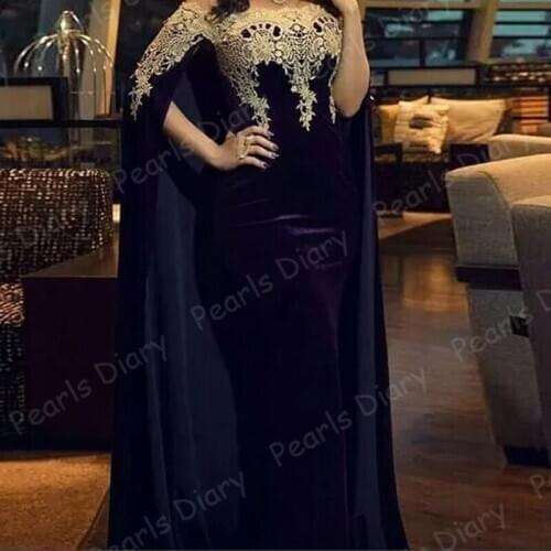 Formal African Velvet Evening Dresses Vestidos Custom Mermaid Appliques Cape Sleeve 2021 Muslim Arabic Prom Dress Party Gowns
