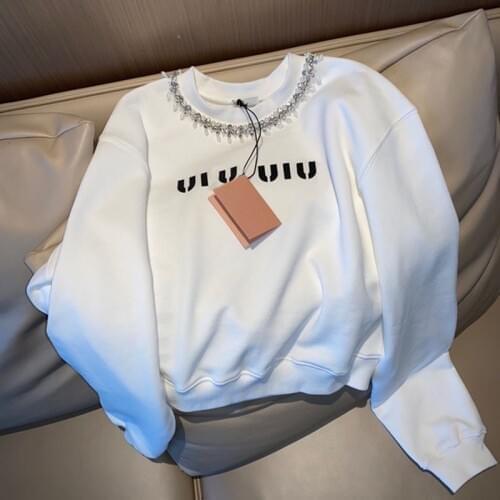 Women Spring Fashion Letter Print Diamond Sweatshirt White Female Loose Casual Cotton Pullovers Plus Size Ladies Brand Top