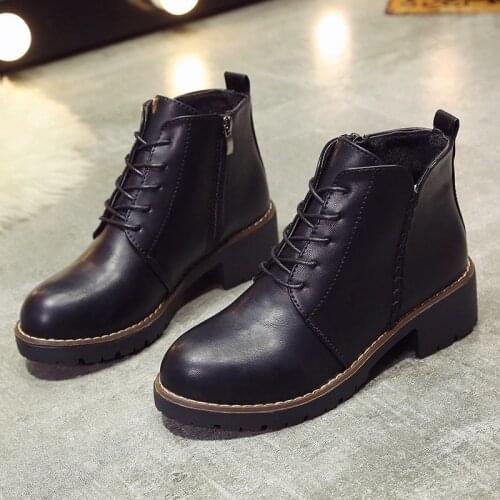 Ankle New Boots for Women Shoes Woman Solid Leather Boots Women Platform Winter Boots Lace Up Plus Size Black Boots