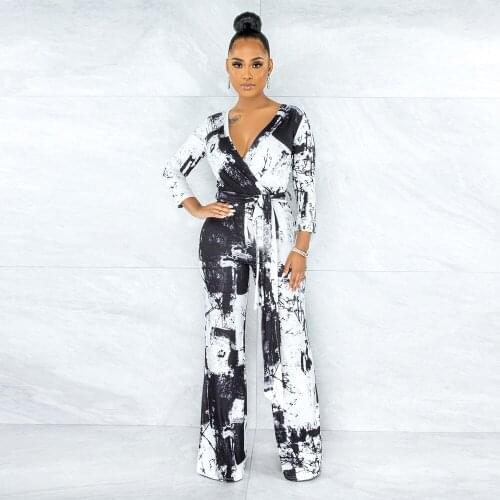 Women Jumpsuits Outfits 2021 Business Casual Contrast Tie Dye Long Sleeve With Belt Office Lady French Vintage Overalls Rompers