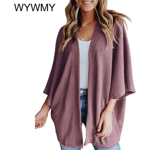 WYWMY Womens Lightweight Kimono Cardigans Sweater Loose Waffle Knit 3/4 Batwing Sleeve Beach Cover Up Womens Clothing Tops S-XL