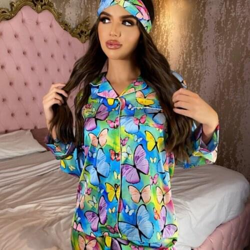 Womens Pajamas 3 Piece Set Colorful Butterfly Print V-Neck Long Sleeve Sleepwear with Headband Female Fashion Homesuit 2021
