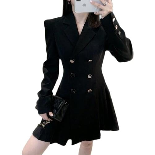 Womens spring 2021 new short skirt, solid color suit neckline, long-sleeved metal buttons, pleated slim waist suit dress