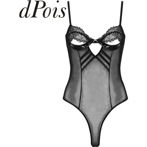 Women One-piece Mesh See Through Sheer Lingerie Adjustable Spaghetti Straps Lace Cups Low Back Thong Teddy Bodysuit Nightwear