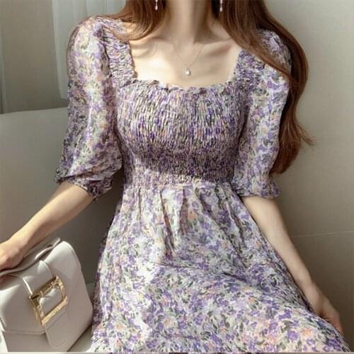 Square Collar Bubble Sleeve Floral Dresses for Women 2021 Summer Vintage Dress Korean Pink Purple Chiffon Dropshipping 0655