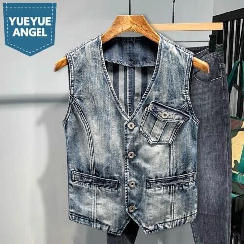 British Cowboy Mens Denim Vest Vintage Slim Fit Sleeveless Short Jacket Street Casual Waistcoat Coat Men Motorcycle Jean Vests
