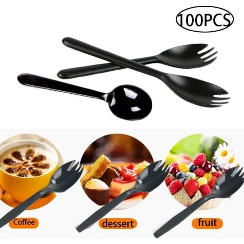 100PCS/set Disposable Plastic Spoons Forks for Cake Ice Cream Salad Fruit Dessert Soup Tea Coffee Party Cake Bakery Tools