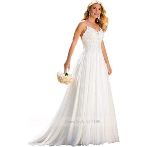 2021 V-Neck Appliques Lace Spaghetti Straps Backless Tulle A-Line Wedding Dress Bridal Gown robes de mariées