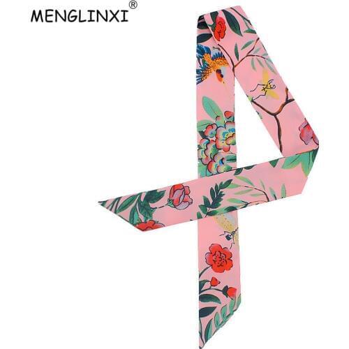 2020 New Design Scarf Floral Print Tie Women Silk Scarf Fashion Head Scarf Brand Handle Bag Ribbons Small Long Scarves C49