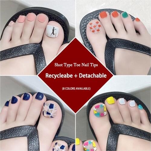 24pcs Reuseable Square Finished Nails Smile Face Flower Nature Fake Toes Nails Exquisite Feet Tips Faux Toe Nail Art Pedicure