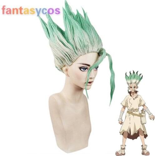 Anime Dr. Stone Costume Ishigami Senkuu Cosplay Wig Green Short Straight Hair Halloween Party Carnival Props + Free Wig Cap