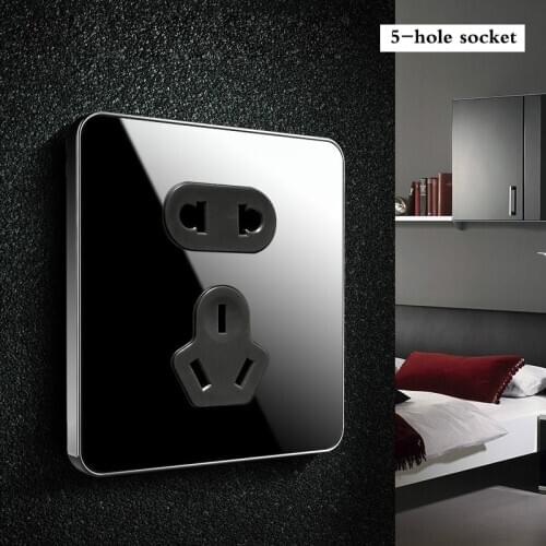 Household Power five hole socket oblique five holes 2+3 wall socket panel Black mirror glass socket