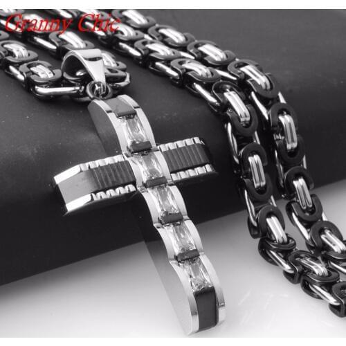 Granny Chic 316L Stainless Steel Silver Black Color Crystal Cross Pendant Necklaces 6mm Heavy Byzantine Chain Men Boys Necklace