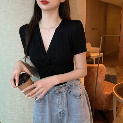 Womens Spring summer Sexy V-neck Cross T-shirt short-sleeved Asymmetrical Slim Tops Female Tees y2k top