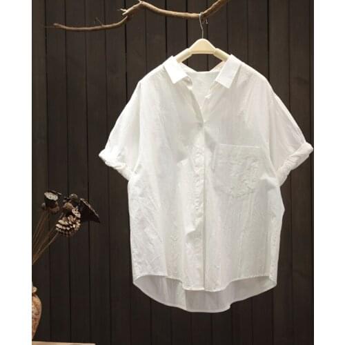 Cotton 100% Women White Shirts Summer Vintage Batwing Sleeved Loose Solid Casual Female Outwear Tops