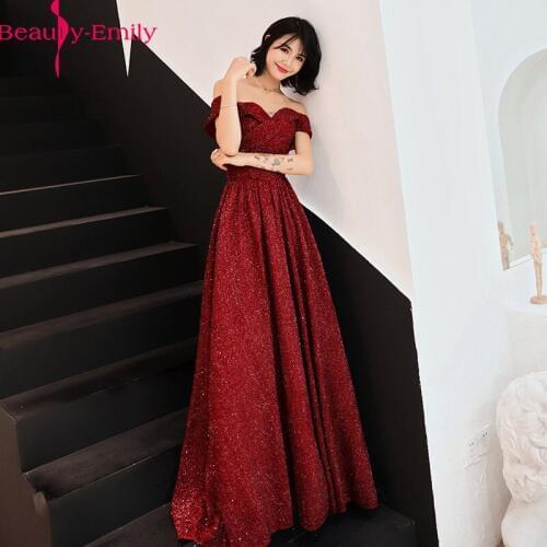 Beauty Emily Sexy Boat Neck Off the Shoulder Sequined Evening Dress 2019 New Arrival Burgundy Lace Up Back Formal Party Dress