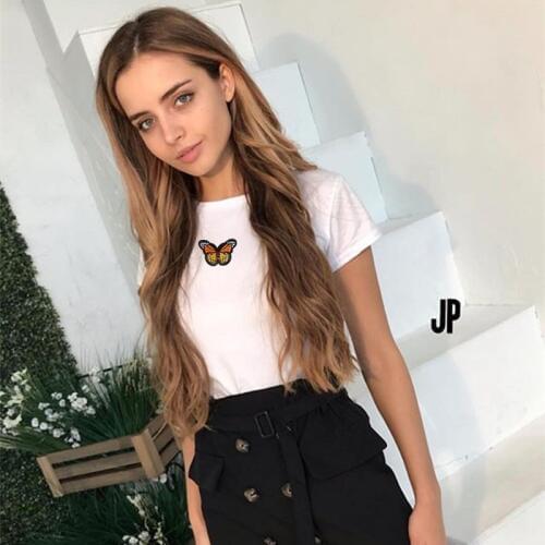 Summer T Shirt Women embroidery Butterfly shirt top White Short sleeve Tight t shirt woman