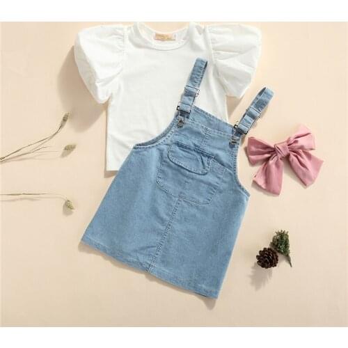 3Pcs Little Girls Outfit, Summer Sweet Solid Color Round Collar Puff Short Sleeve Tops + Bow +Denim Suspender Skirt, 1-8Years