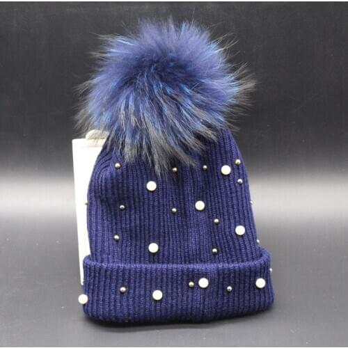 New multi color full pearl decorated genuine raccoon fur pom pom hat handmaded pom pom fur beanies women delicate nice style hat