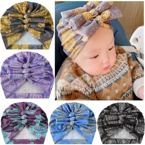 New 1PCS Floral Print Turban Hat Cap Beanie Bow Knot Newborn Head Wrap Infant Baby Girls Headwear Hair Accessories