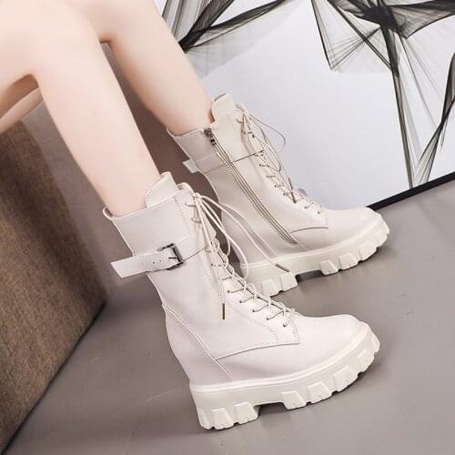 New 2022 Autumn Women Ankle Boots 9CM Heels Platform Boots Soft Leather White Motorcycle Boots Woman Winter Chunky Sneakers Boot