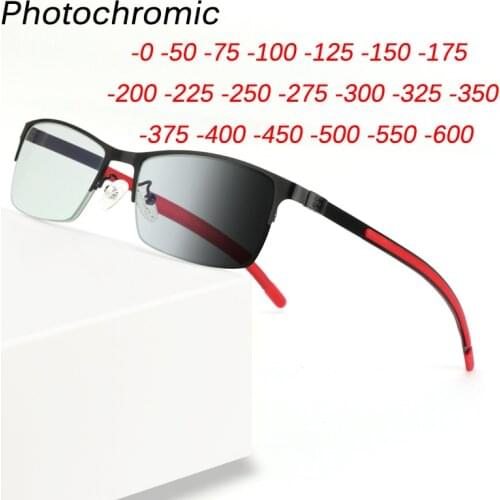 New Photochromism Eyeglasses Retro Square Myopia Glasses Alloy Frame Outdoor UV Protection Diopter -0.5 -1.0 -1.5 -2.0 To -6.0