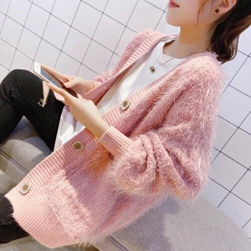 New Women Autumn Mohair Loose Cardigan Sweater Button Female Solid Casual Knitted Cardigans Coat Jacket Korean Top Plus Size T54