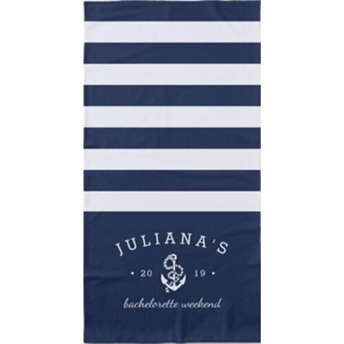 Navy Blue White Personalized Bachelorette Weekend Beach Towel Microfibre Nautical Stripes Anchor Bachelorette Getaway Party Gift