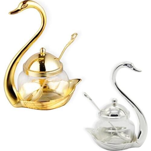 Practical Aluminum alloy Condiment Pot Seasoning Container Spice Glass Jar Salt Sugar Bowl Pepper Coffee Storage Organizer Swan