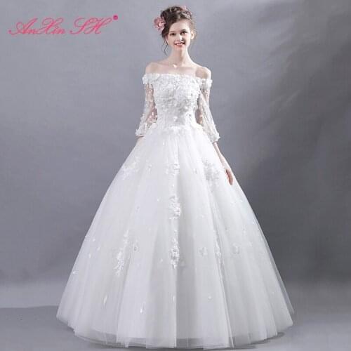 AXJFU luxury princess white lace little flower beading wedding dress illusion boat neck three quarter white wedding dress 2510t