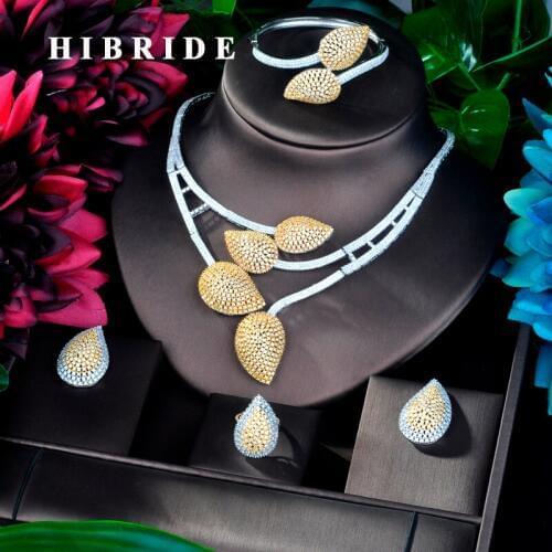 HIBRIDE Beauty Leaf Shape Luxury Double Tone Women Wedding Naija Bridal Cubic Zirconia Necklace Dubai Dress Jewelry Set N-849
